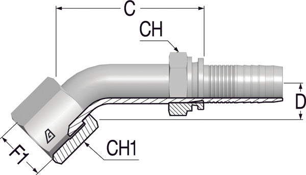 3/4" -16 JIC 45deg Female Elbow x 1/2 Hose