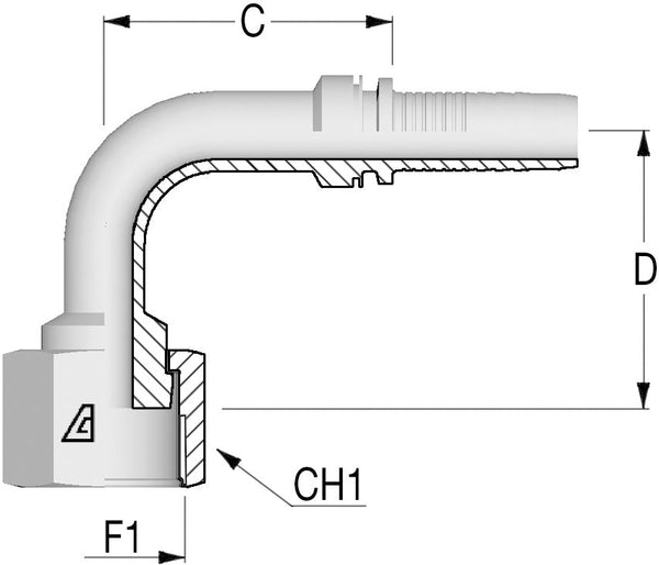 1.3/16" -12 ORFS 90deg Flat/Faced Female x 3/4 Hose