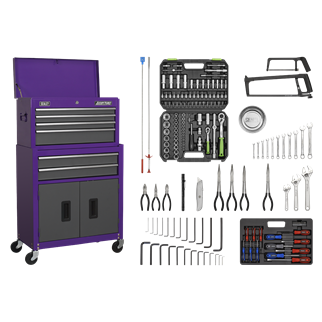 Topchest & Rollcab Combination 6 Drawer with Ball-Bearing Slides - Purple/Grey & 170pc Tool Kit