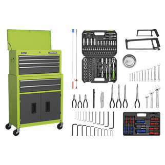 6 Drawer Topchest & Rollcab Combination with Ball-Bearing Slides - Hi-Vis Green/Grey & 170pc Tool Kit