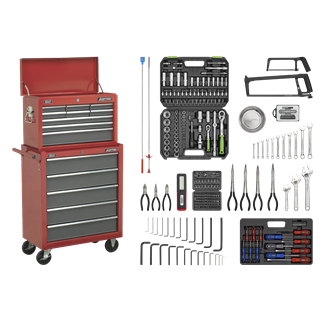 Topchest & Rollcab Combination 14 Drawer with Ball-Bearing Slides - Red/Grey & 281pc Tool Kit