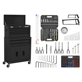 Topchest & Rollcab Combination 6 Drawer with Ball-Bearing Slides - Black & 170pc Tool Kit