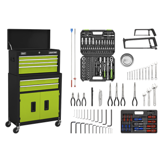 Topchest & Rollcab Combination 6 Drawer with Ball-Bearing Slides - Green/Black & 170pc Tool Kit