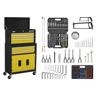 Topchest & Rollcab Combination 6 Drawer with Ball-Bearing Slides - Yellow/Black & 170pc Tool Kit