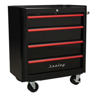 Rollcab 4 Drawer Retro Style- Black with Red Anodised Drawer Pulls