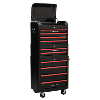 Retro Style Topchest, Mid-Box & Rollcab Combination 10 Drawer - Black with Red Anodised Drawer Pulls