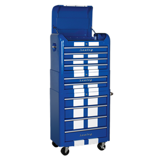 Retro Style Topchest, Mid-Box & Rollcab Combination 10 Drawer Blue/White Stripes