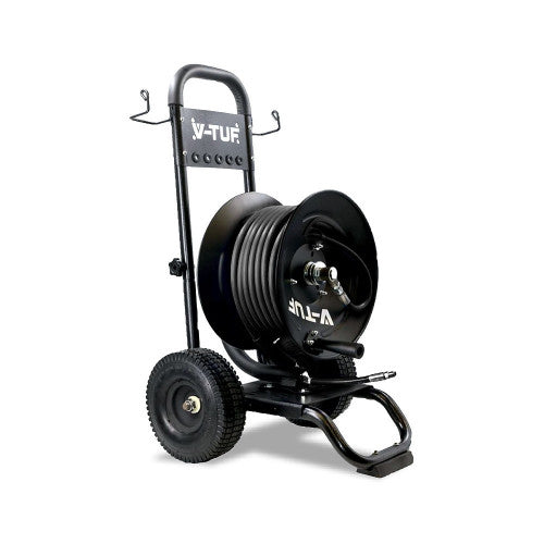 V-TUF INDUSTRIAL TROLLEY MANUAL WIND HOSE REEL - 50M HEAVY DUTY HIGH PRESSURE HOSE - MSQ FITTINGS